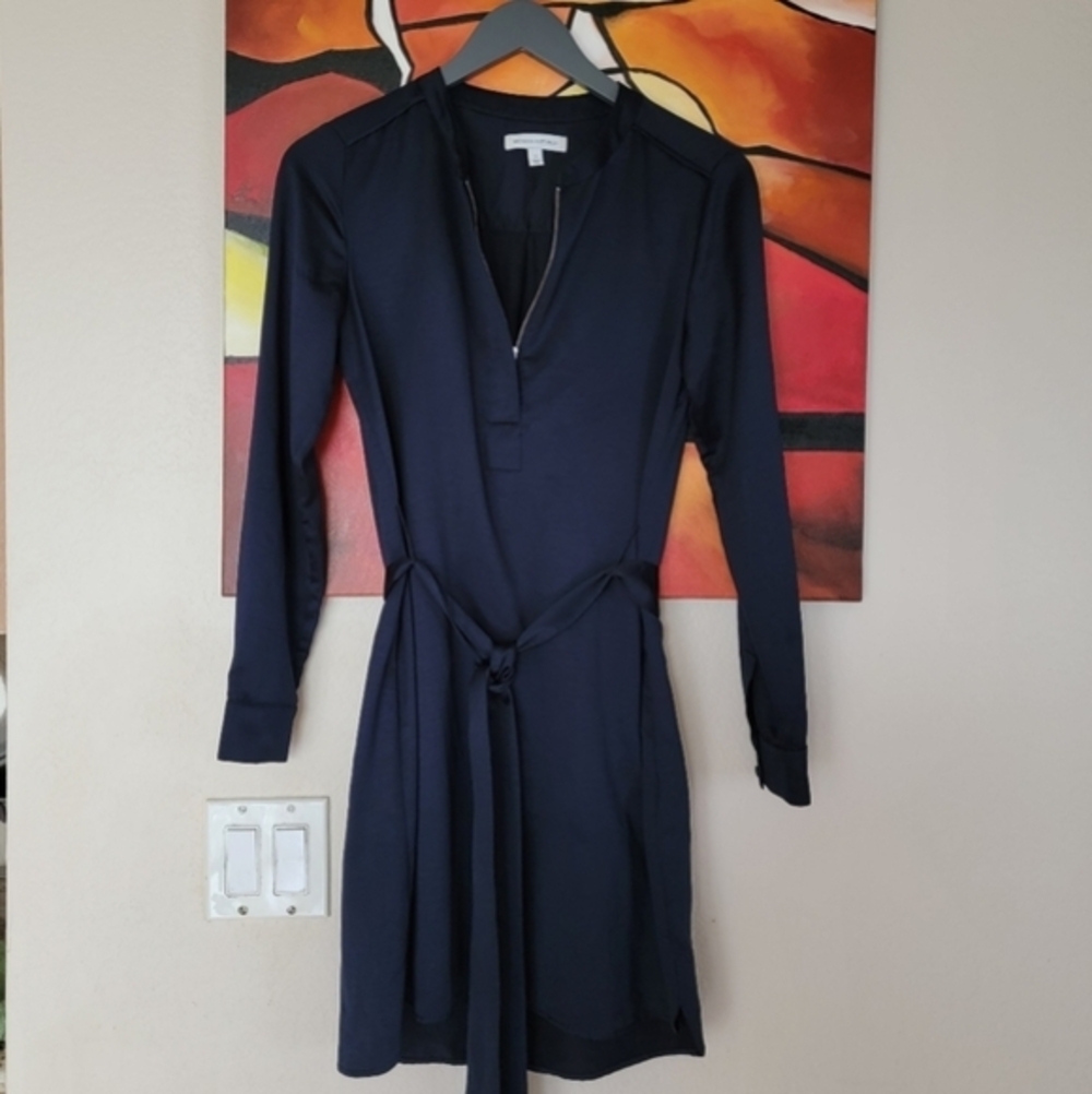 Banana Republic Womens Navy Blue Zip Front Tie Waist Long Sleeve Mini Dress Sz 2